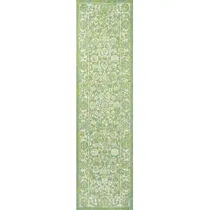Photo of 8' Cream And Green Medallion Indoor Outdoor Runner Rug