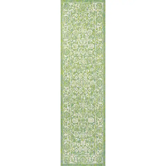8' Cream And Green Medallion Indoor Outdoor Runner Rug Photo 1