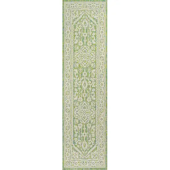 10' Cream And Green Medallion Indoor Outdoor Runner Rug Photo 3