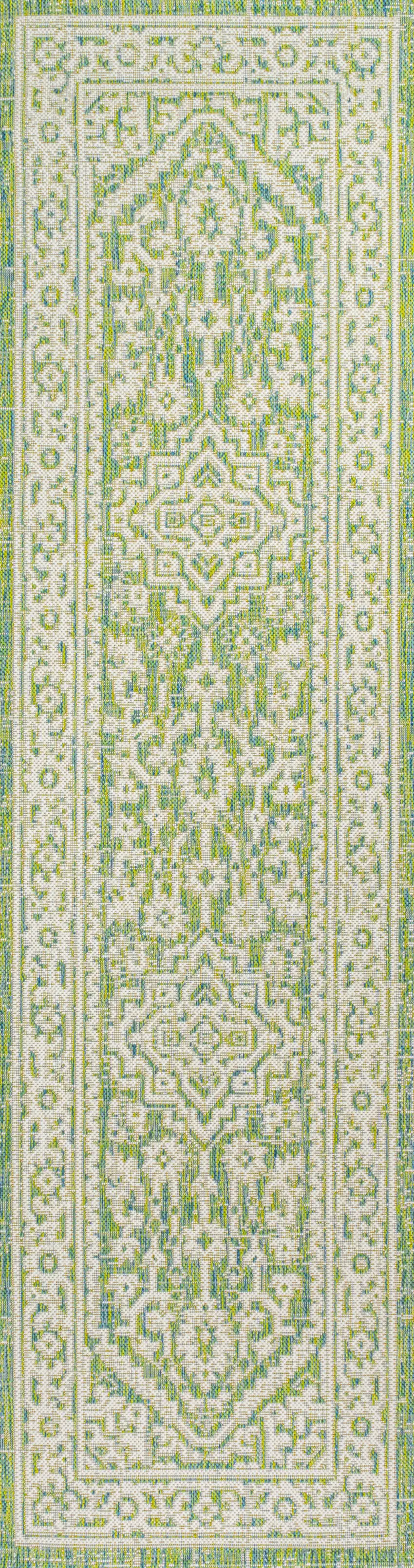 10' Cream And Green Medallion Indoor Outdoor Runner Rug Photo 3