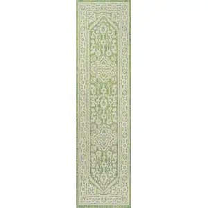 Photo of 10' Cream And Green Medallion Indoor Outdoor Runner Rug