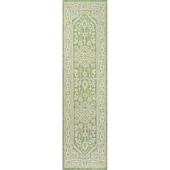 10' Cream And Green Medallion Indoor Outdoor Runner Rug Photo 1