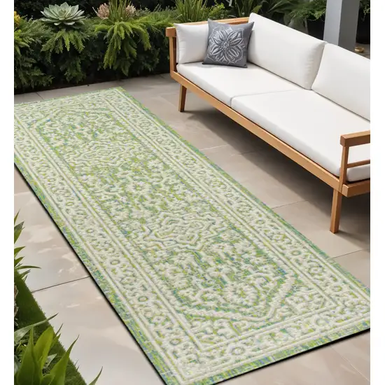 10' Cream And Green Medallion Indoor Outdoor Runner Rug Photo 1
