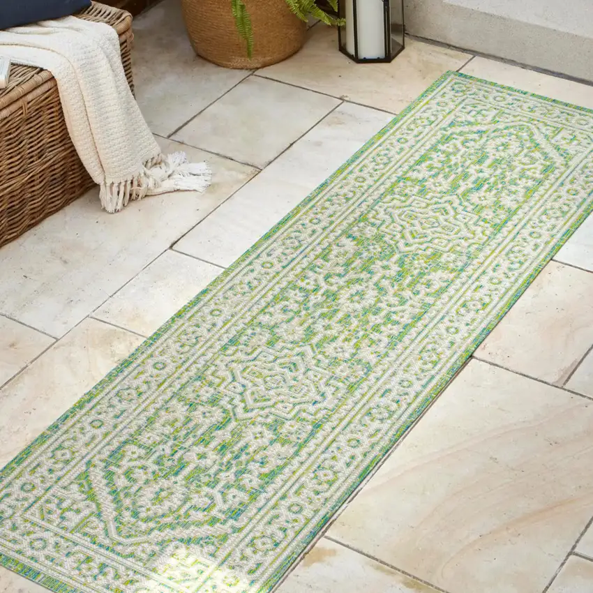 10' Cream And Green Medallion Indoor Outdoor Runner Rug Photo 5