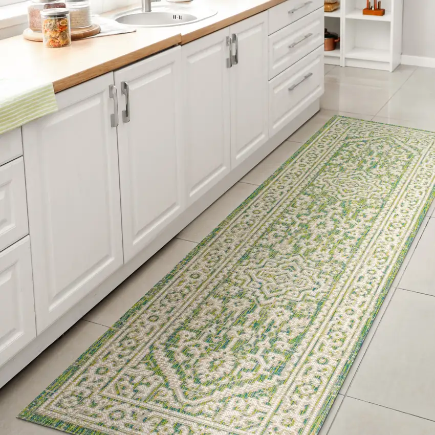 10' Cream And Green Medallion Indoor Outdoor Runner Rug Photo 6