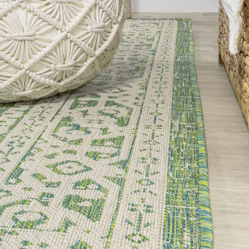 10' Cream And Green Medallion Indoor Outdoor Runner Rug Photo 7