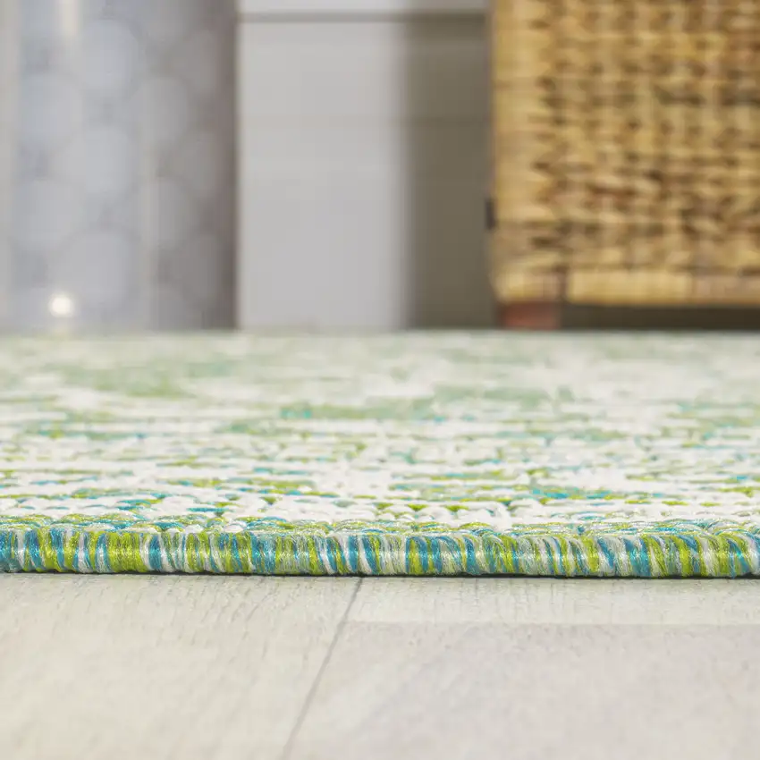 10' Cream And Green Medallion Indoor Outdoor Runner Rug Photo 8