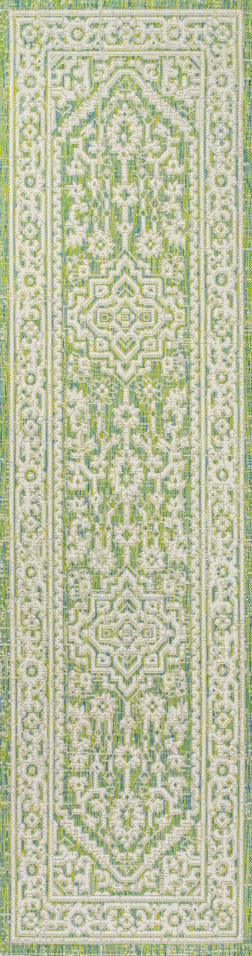 8' Cream And Green Medallion Indoor Outdoor Runner Rug Photo 1