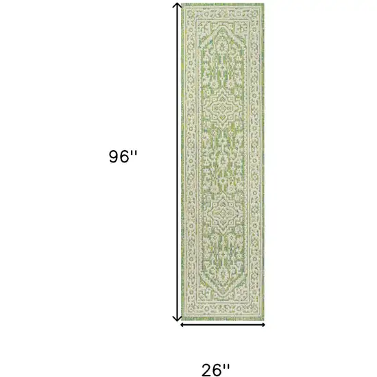 8' Cream And Green Medallion Indoor Outdoor Runner Rug Photo 6