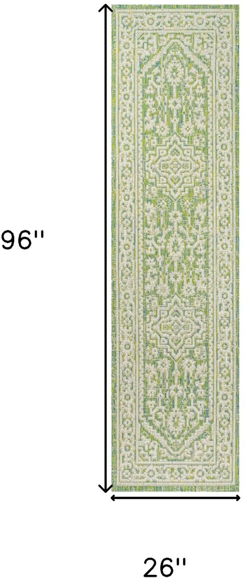 8' Cream And Green Medallion Indoor Outdoor Runner Rug Photo 6