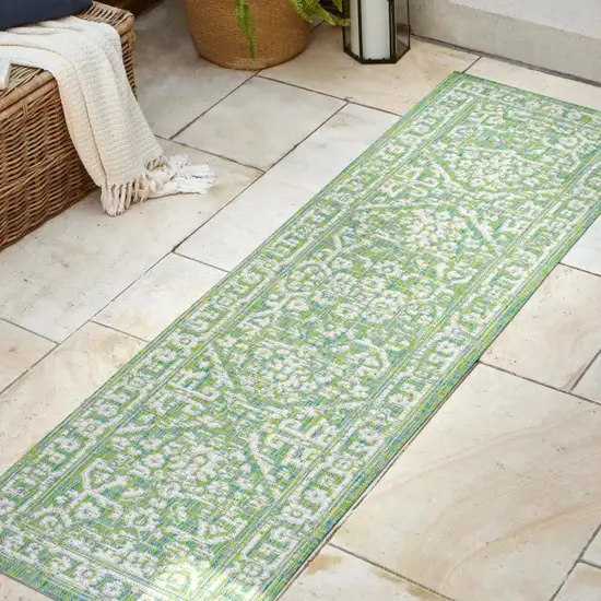 10' Cream And Green Medallion Indoor Outdoor Runner Rug Photo 4