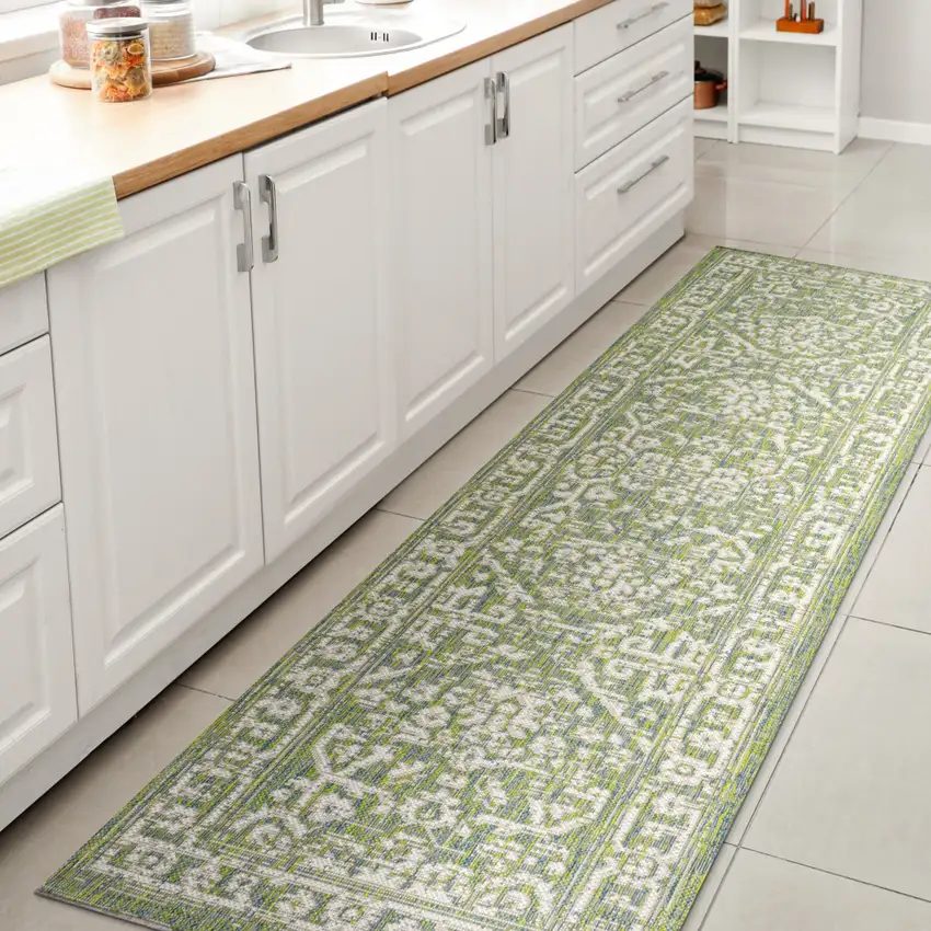 10' Cream And Green Medallion Indoor Outdoor Runner Rug Photo 6