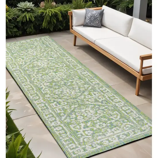 10' Cream And Green Medallion Indoor Outdoor Runner Rug Photo 1