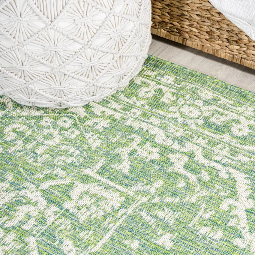 8' Cream And Green Medallion Indoor Outdoor Runner Rug Photo 9