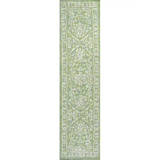 8' Cream And Green Medallion Indoor Outdoor Runner Rug Photo 2