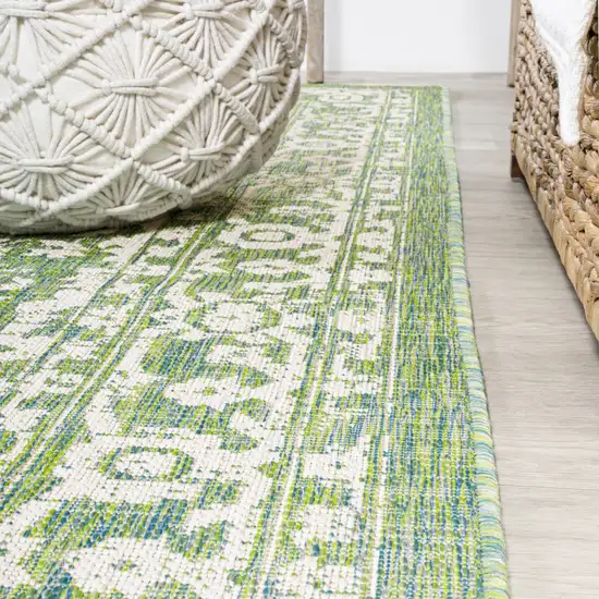 8' Cream And Green Medallion Indoor Outdoor Runner Rug Photo 6