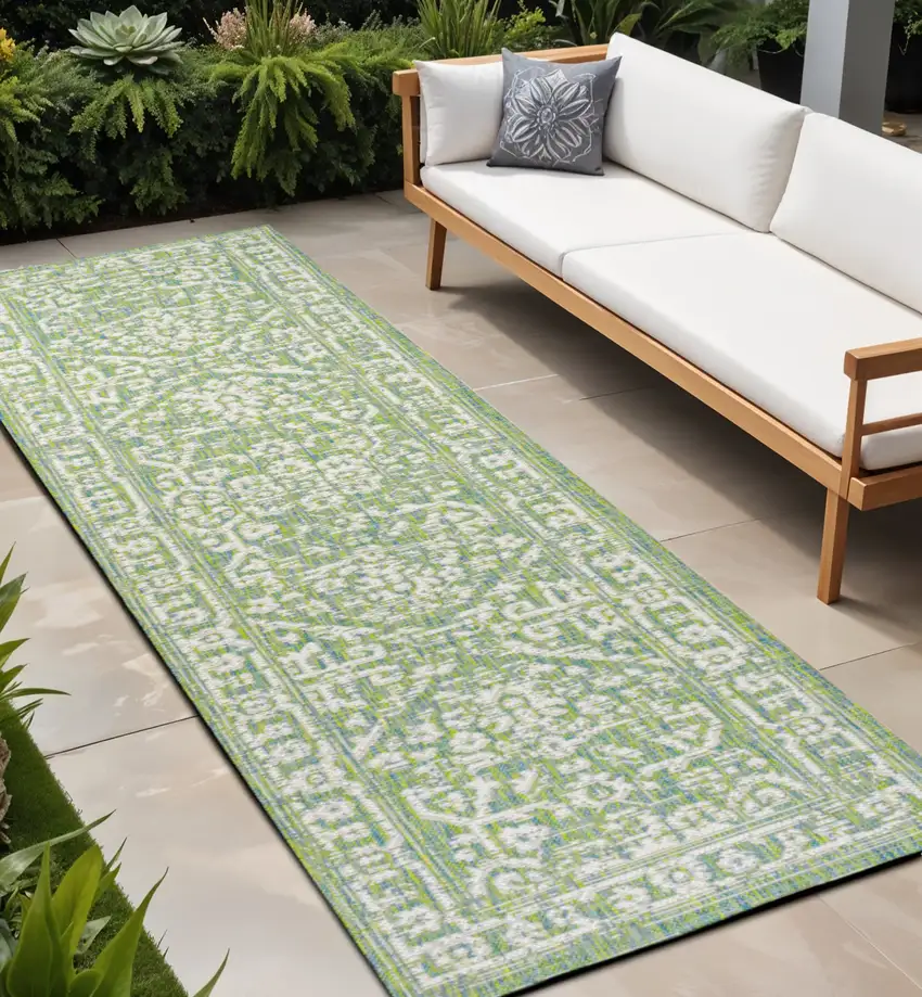 8' Cream And Green Medallion Indoor Outdoor Runner Rug Photo 1