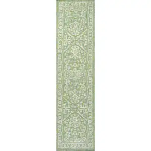 Photo of 8' Cream And Green Medallion Indoor Outdoor Runner Rug