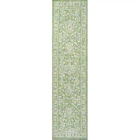 8' Cream And Green Medallion Indoor Outdoor Runner Rug Photo 1