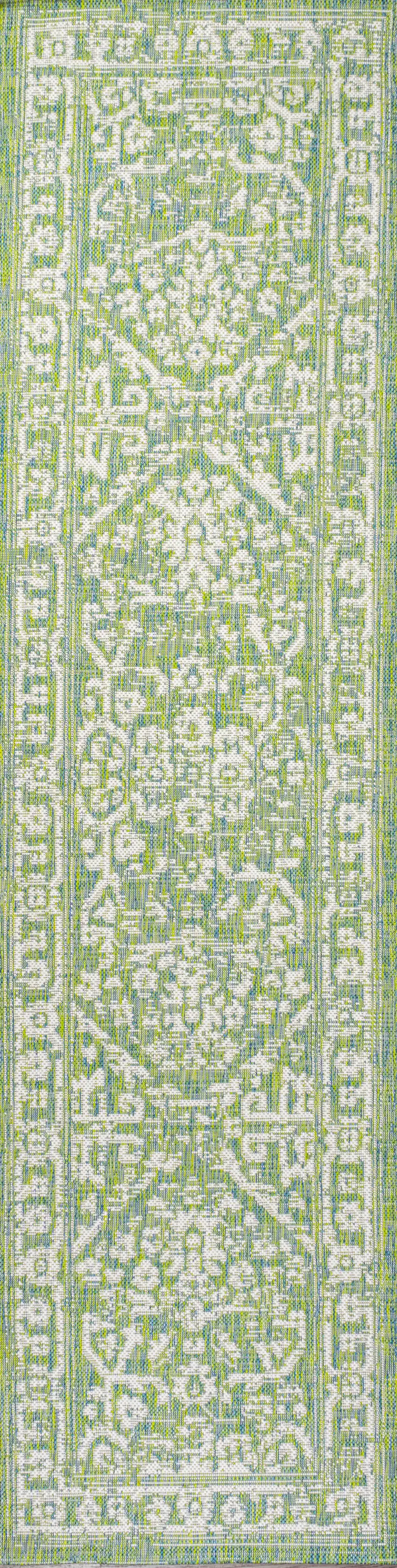 8' Cream And Green Medallion Indoor Outdoor Runner Rug Photo 1