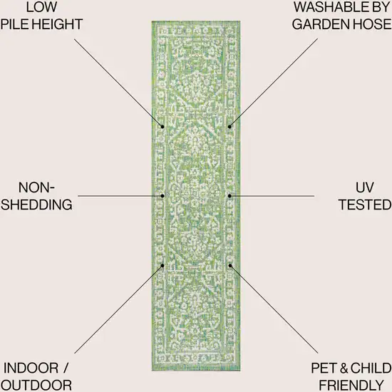 8' Cream And Green Medallion Indoor Outdoor Runner Rug Photo 7