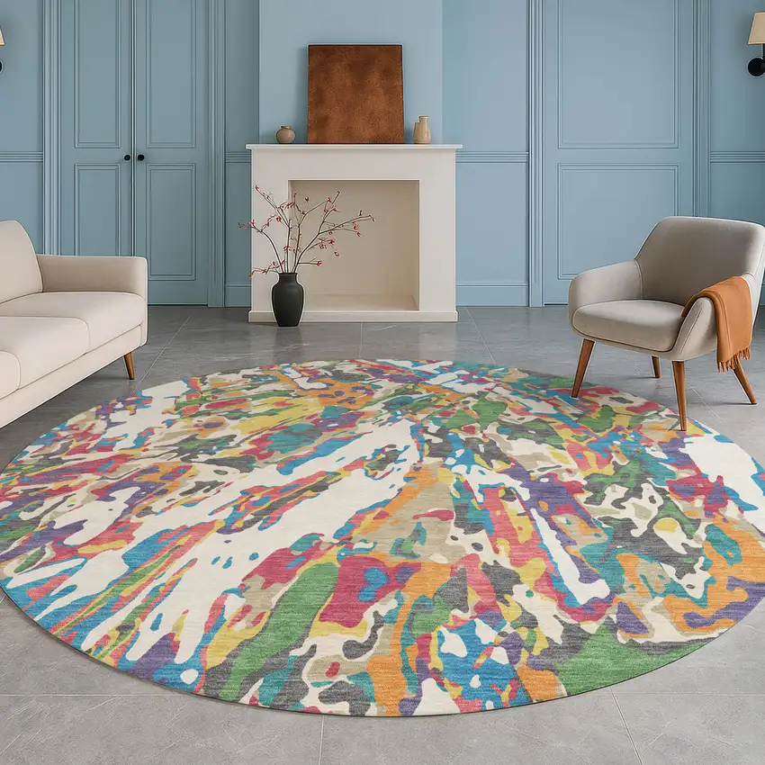 8' Cream And Green Round Abstract Washable Indoor Outdoor Area Rug Photo 5