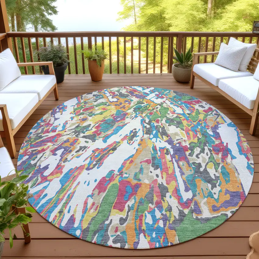 8' Cream And Green Round Abstract Washable Indoor Outdoor Area Rug Photo 4