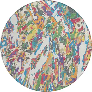 Photo of 8' Cream And Green Round Abstract Washable Indoor Outdoor Area Rug