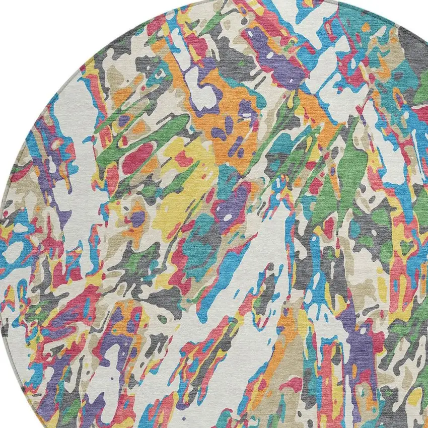 8' Cream And Green Round Abstract Washable Indoor Outdoor Area Rug Photo 2