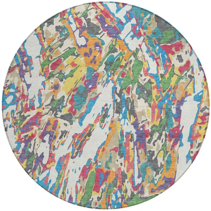 8' Cream And Green Round Abstract Washable Indoor Outdoor Area Rug Photo 3