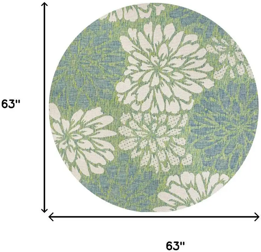5' Cream And Green Round Floral Indoor Outdoor Area Rug Photo 9