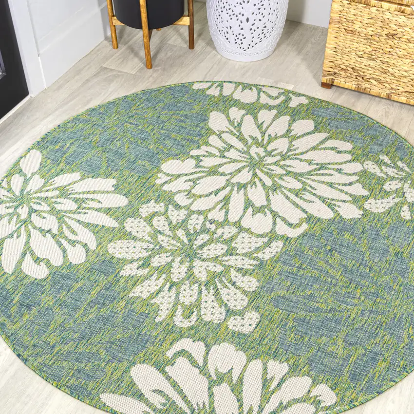 5' Cream And Green Round Floral Indoor Outdoor Area Rug Photo 4