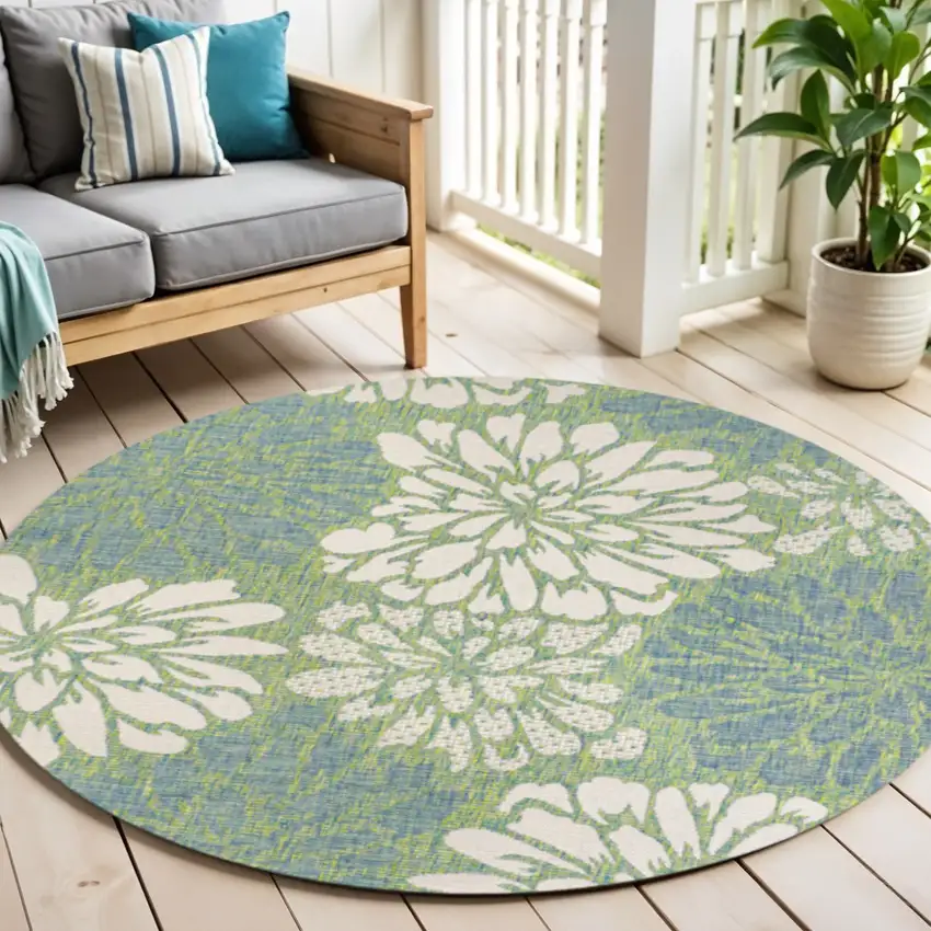 5' Cream And Green Round Floral Indoor Outdoor Area Rug Photo 1