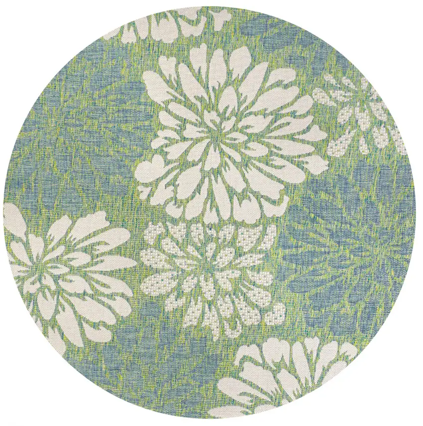 5' Cream And Green Round Floral Indoor Outdoor Area Rug Photo 1