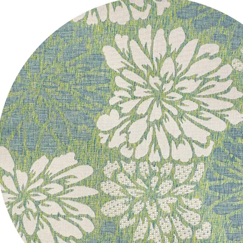 8' Cream And Green Round Floral Indoor Outdoor Area Rug Photo 2