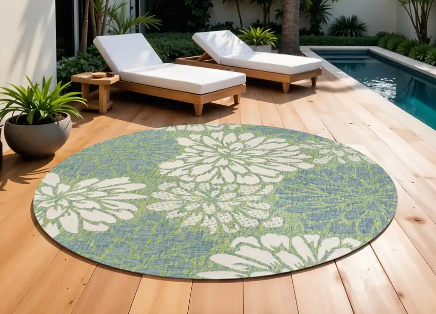 9' Cream And Green Round Floral Indoor Outdoor Area Rug Photo 1