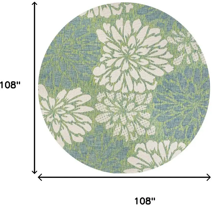 9' Cream And Green Round Floral Indoor Outdoor Area Rug Photo 9