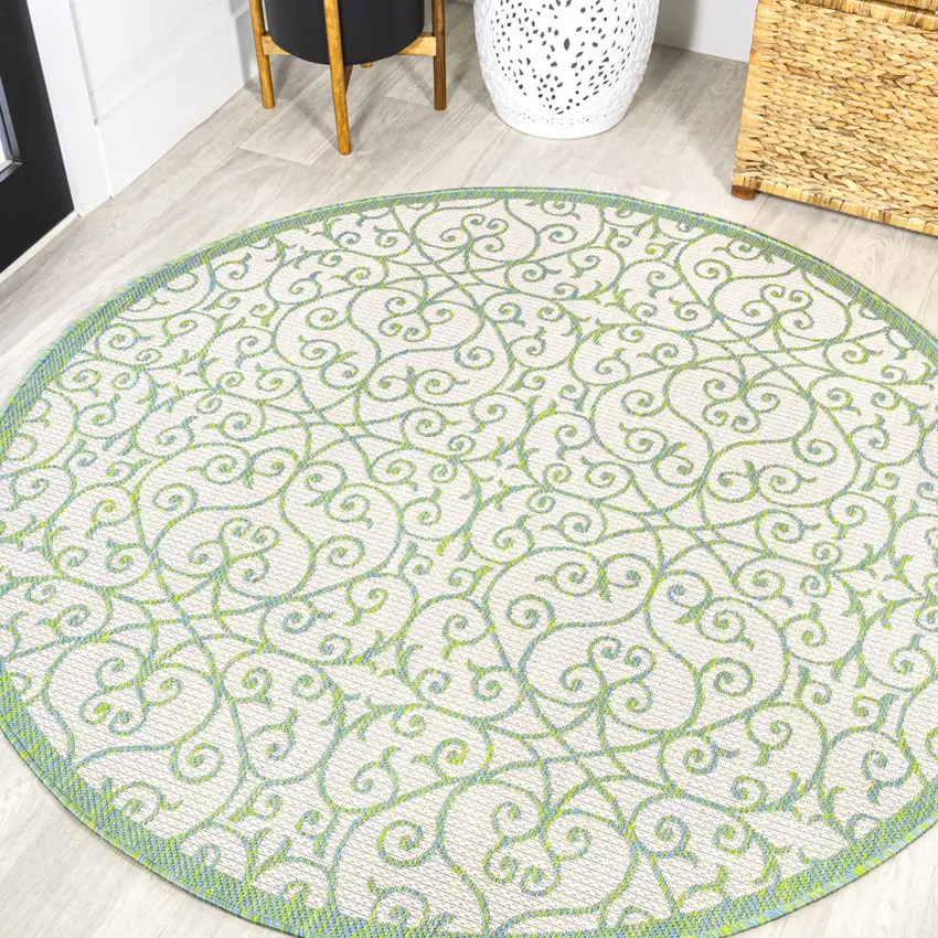 5' Cream And Green Round Geometric Indoor Outdoor Area Rug Photo 4