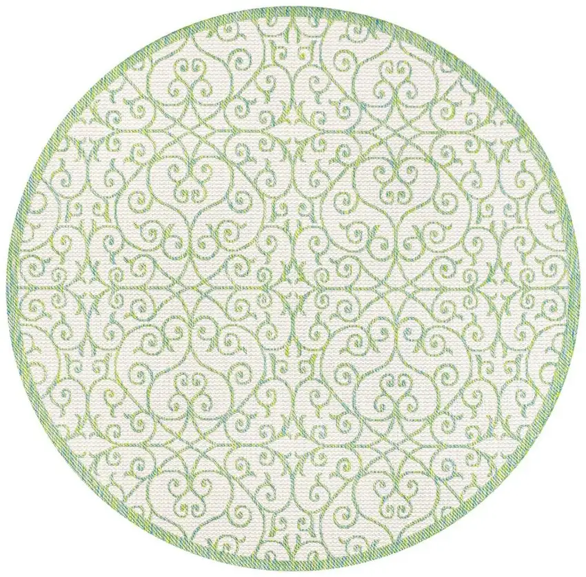 5' Cream And Green Round Geometric Indoor Outdoor Area Rug Photo 2