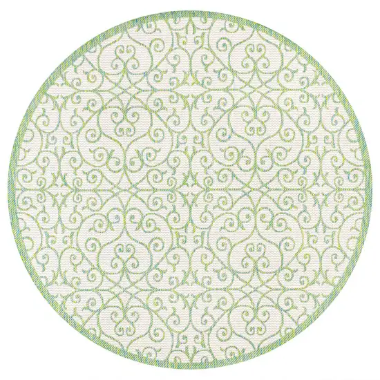 5' Cream And Green Round Geometric Indoor Outdoor Area Rug Photo 3