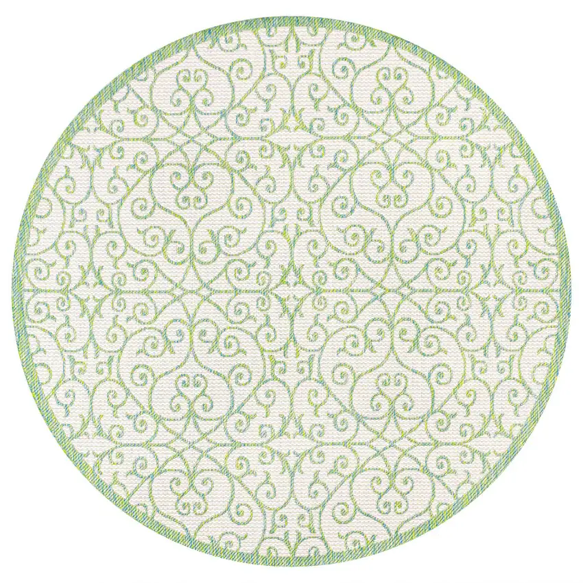 5' Cream And Green Round Geometric Indoor Outdoor Area Rug Photo 3