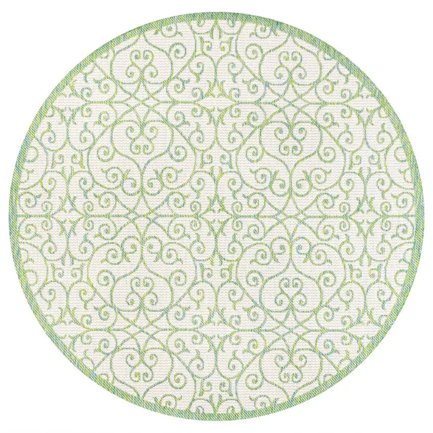 5' Cream And Green Round Geometric Indoor Outdoor Area Rug Photo 1