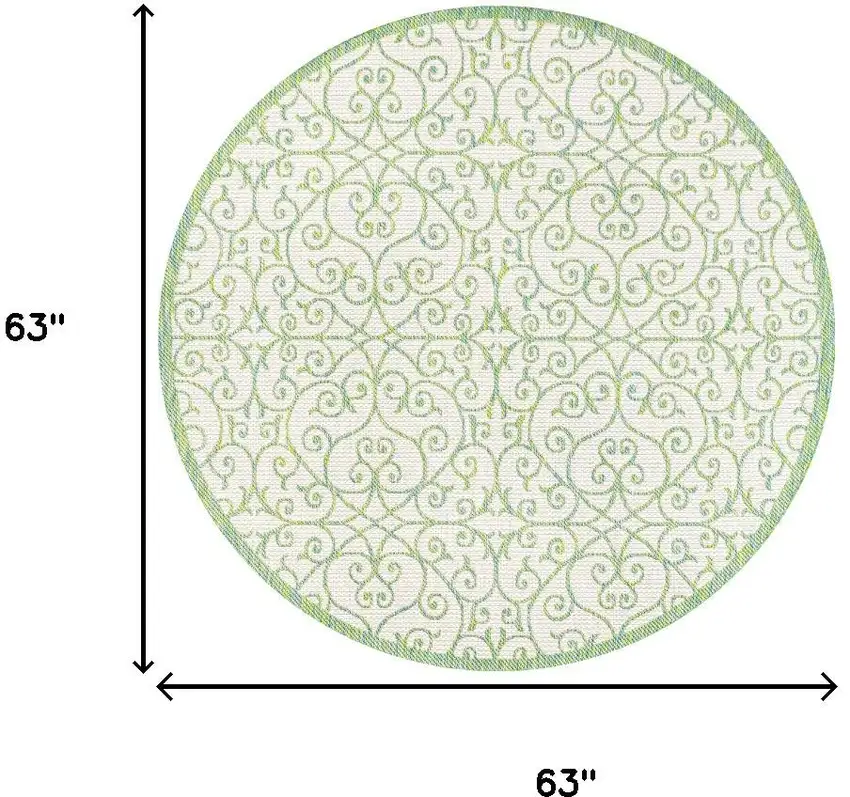5' Cream And Green Round Geometric Indoor Outdoor Area Rug Photo 9