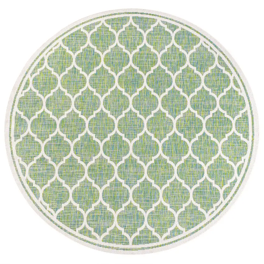 5' Cream And Green Round Geometric Indoor Outdoor Area Rug Photo 1