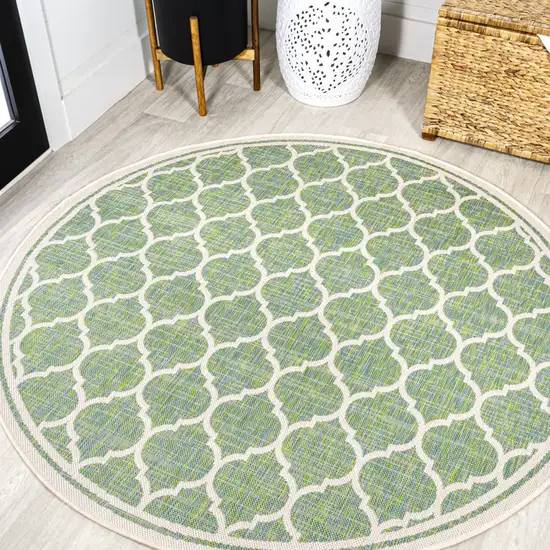 5' Cream And Green Round Geometric Indoor Outdoor Area Rug Photo 4