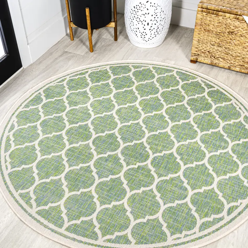 5' Cream And Green Round Geometric Indoor Outdoor Area Rug Photo 4