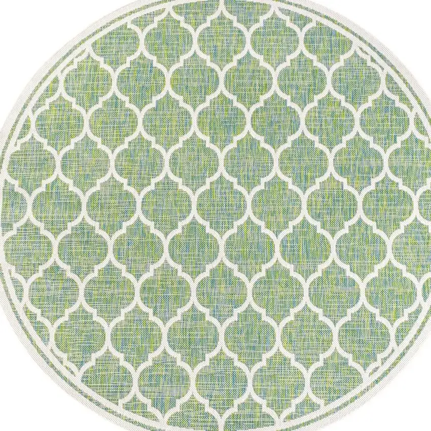 5' Cream And Green Round Geometric Indoor Outdoor Area Rug Photo 3