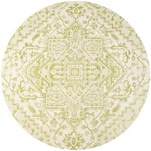 Photo of 5' Cream And Green Round Medallion Indoor Outdoor Area Rug