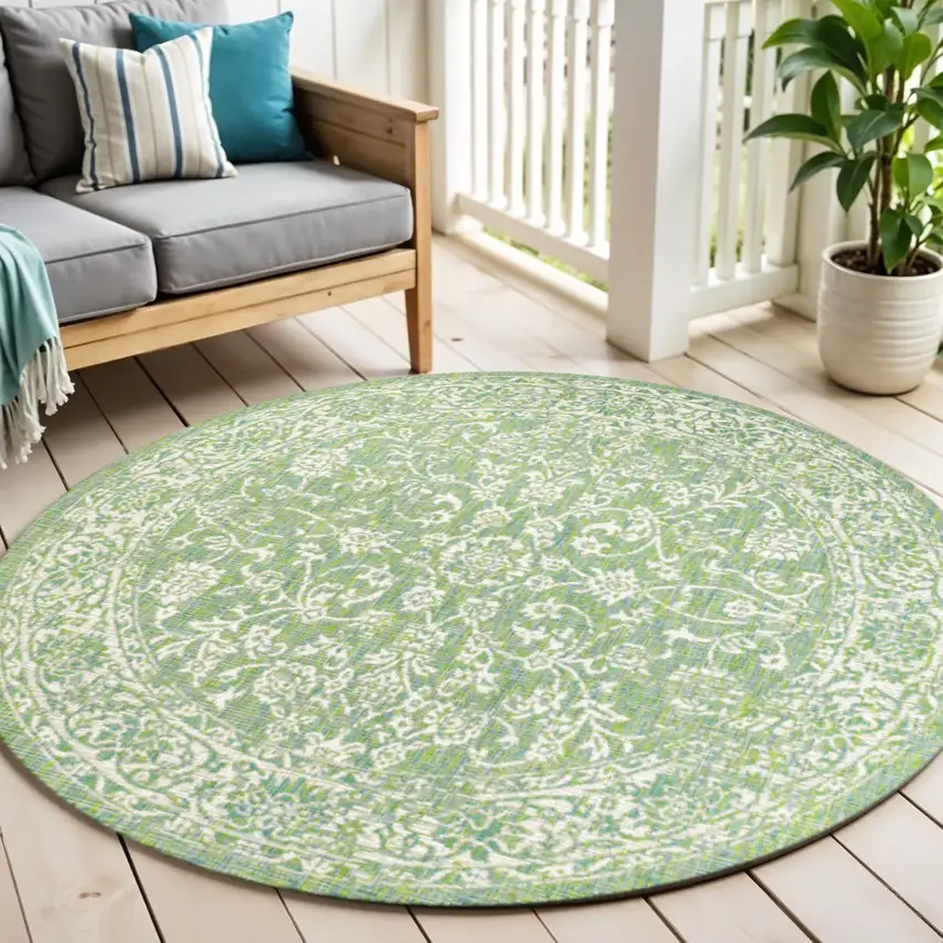 5' Cream And Green Round Medallion Indoor Outdoor Area Rug Photo 1