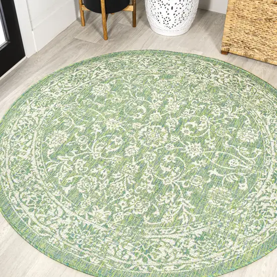 5' Cream And Green Round Medallion Indoor Outdoor Area Rug Photo 4